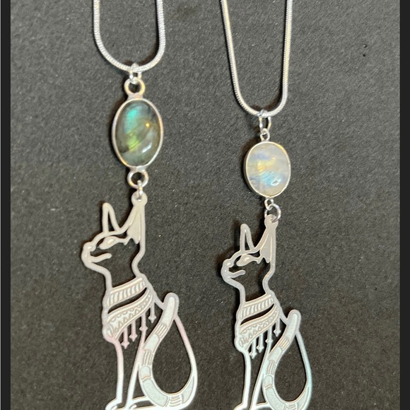 Moonstone bastet necklace, labradorite Egyptian bast necklace, silver bast - Picture 2 of 5
